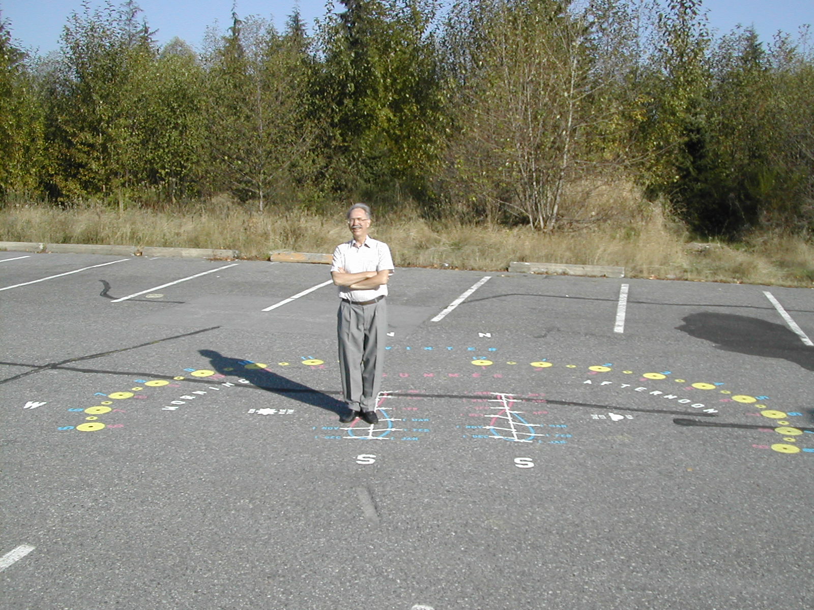 Dr. Berggren demonstrating how to read time using the analemmatical sundial at SFU.